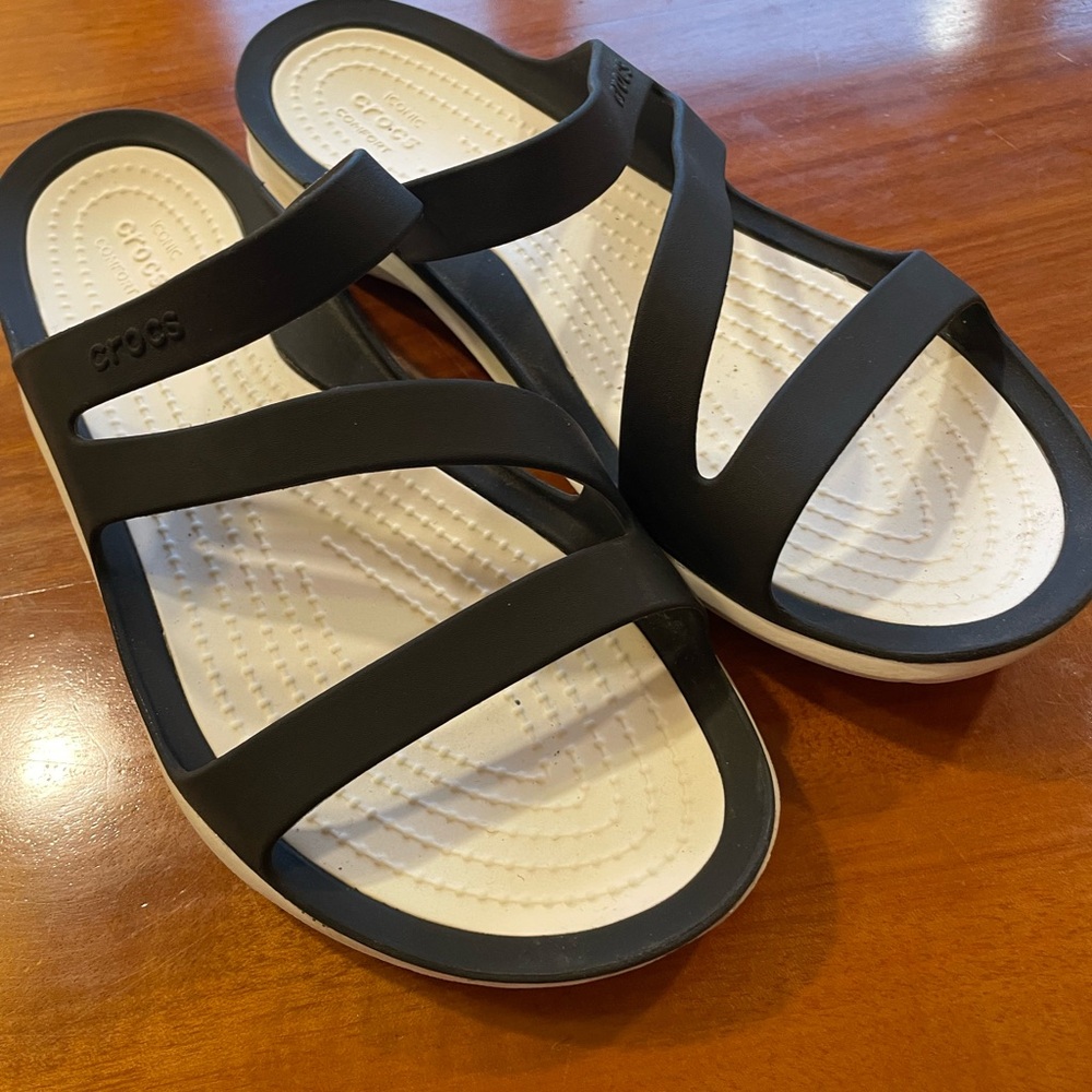 CROCS Black and White Strappy Sandals